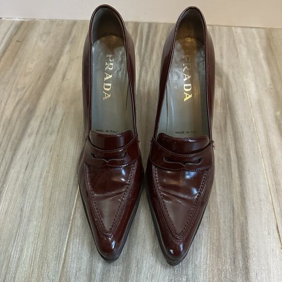 VTG Prada Block Heel Burgundy Red Loafers 8.5/38.5 Heels Pumps Twee Retro Goth - Picture 4 of 14